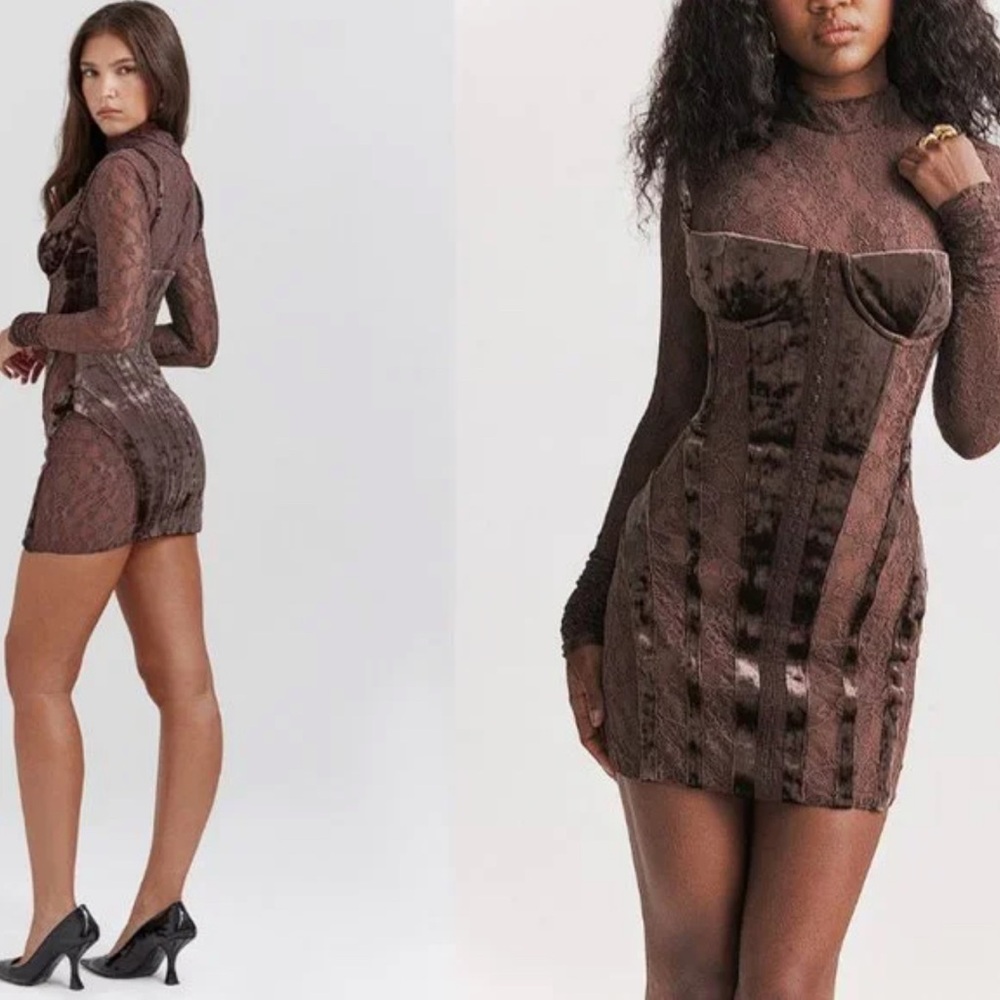House of CB Brown Lace Long Sleeve Dress